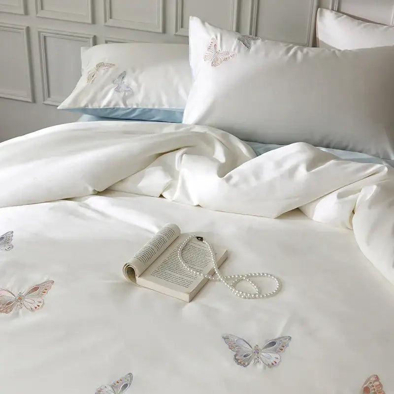 DecorBites™ Butterfly Embroidery Lyocell Cotton Bedding Set, Silky Soft Cool Feeling Sheets