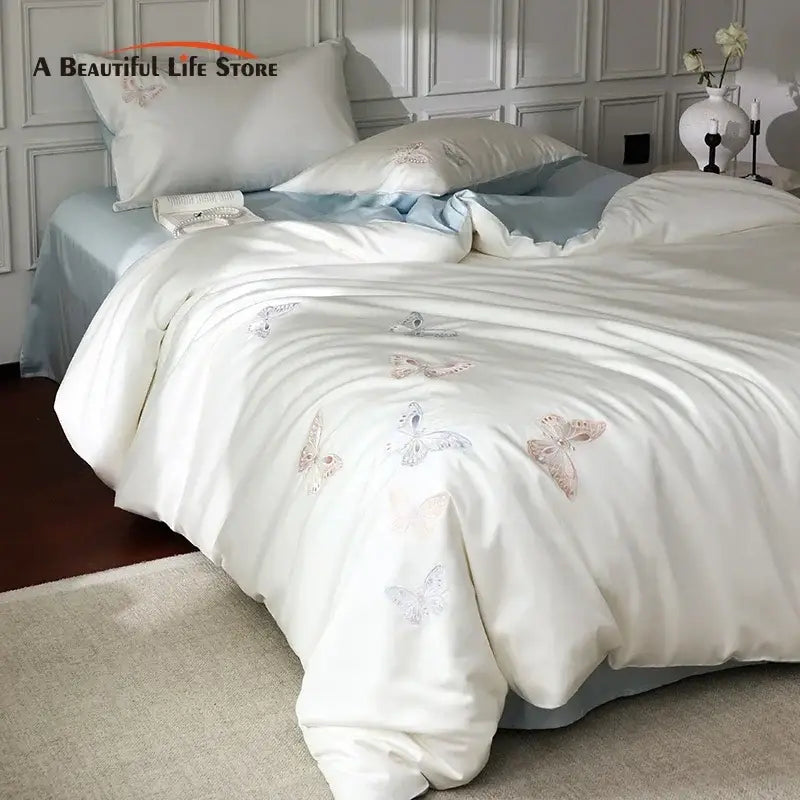 DecorBites™ Butterfly Embroidery Lyocell Cotton Bedding Set, Silky Soft Cool Feeling Sheets