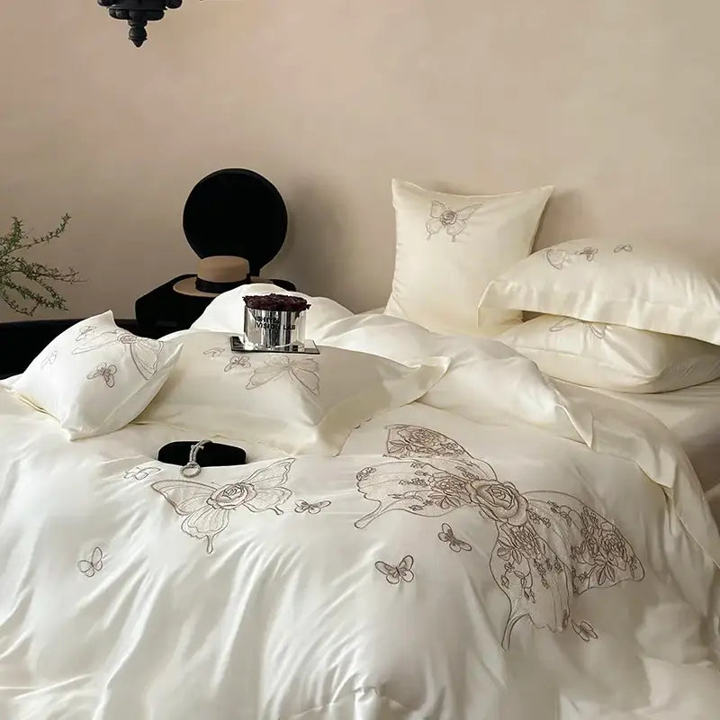 Butterfly flowers embroidery cream satin bedding set bedroom