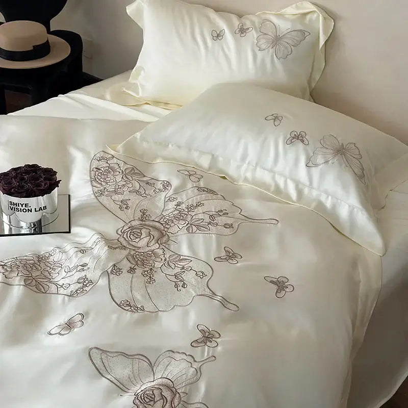 Butterfly flowers embroidery cream satin bedding set bedroom