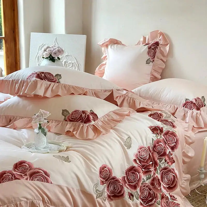 DecorBites™ Butterfly Flowers Embroidery Ruffles Wedding Bedding Set: 1400TC 100% Egyptian Cotton