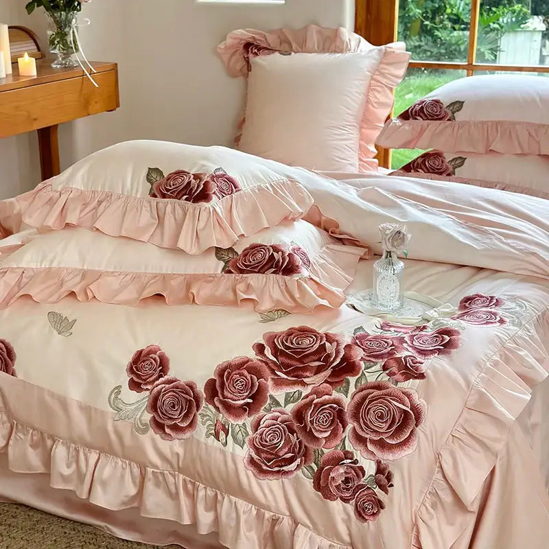 DecorBites™ Butterfly Flowers Embroidery Ruffles Wedding Bedding Set: 1400TC 100% Egyptian Cotton