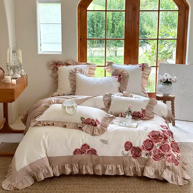 DecorBites™ Butterfly Flowers Embroidery Ruffles Wedding Bedding Set: 1400TC 100% Egyptian Cotton