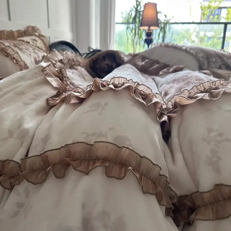 Butterfly flowers lace cream & brown velvet bedding set bedroom ruffles