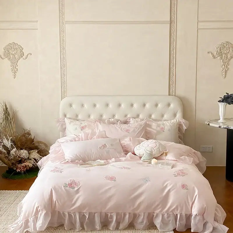 Butterfly flowers lace ruffles ivory & pink bedding set bedroom duvet