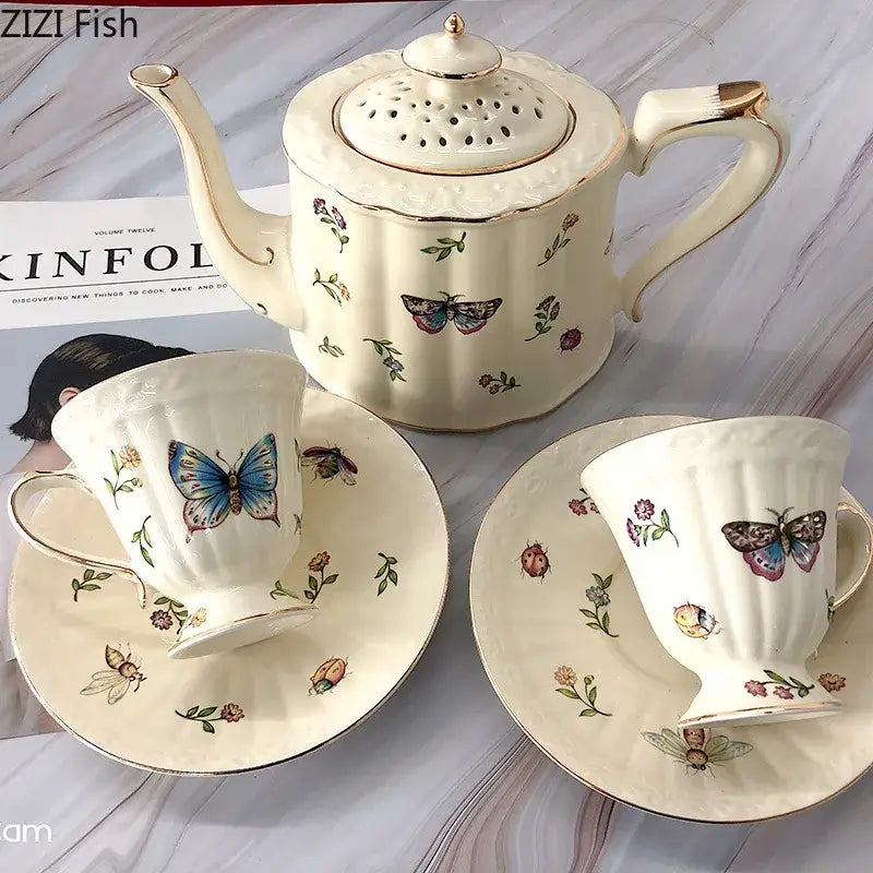 Butterfly gold ceramic cup and saucer set dining room porcelain tea set
