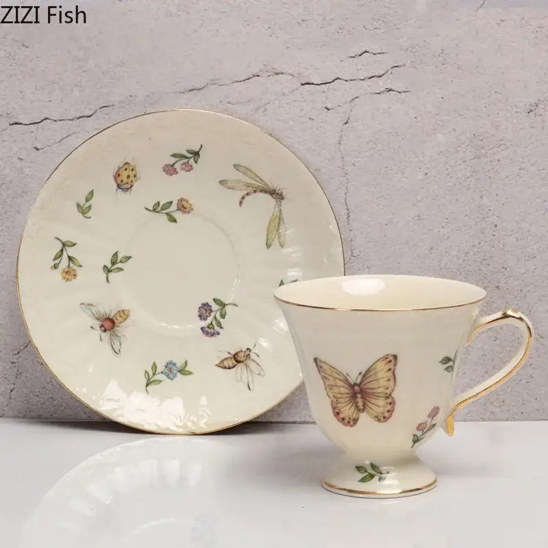 Butterfly gold ceramic cup and saucer set dining room porcelain tea set