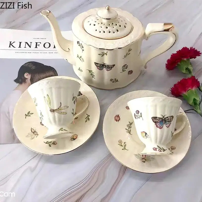 Butterfly gold ceramic cup and saucer set dining room porcelain tea set