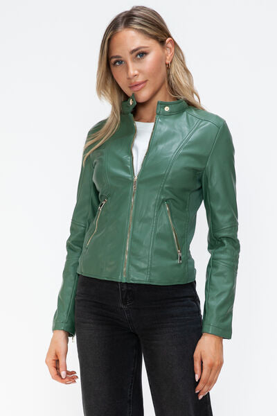 Women Classic Snobbish Faux Leather Zip-Up Drawstring Hooded Jacket Edgy & Casual PU Leather Jacket For Streetwear