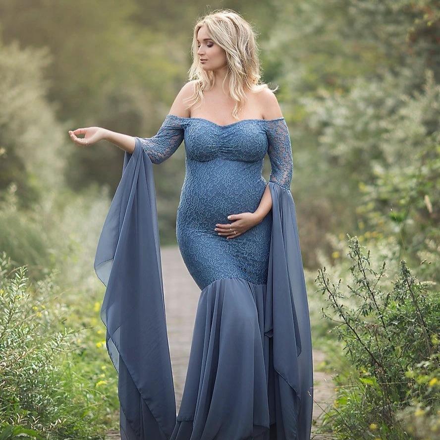 Lace Stitching Super Long Sleeve Maternity Dress