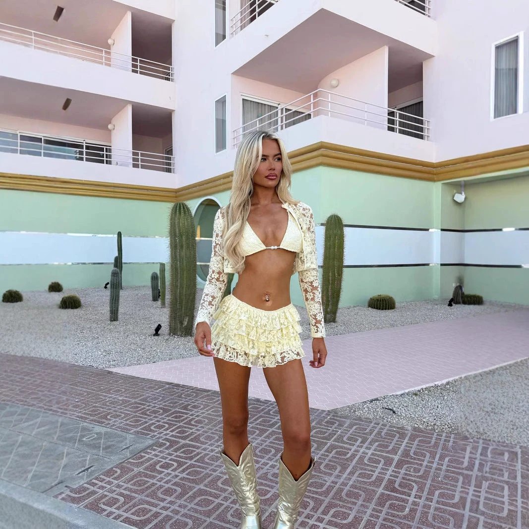 New Lace Mesh Coat Chest Cup Skirt Fashion Casual Three-piece Suit Women