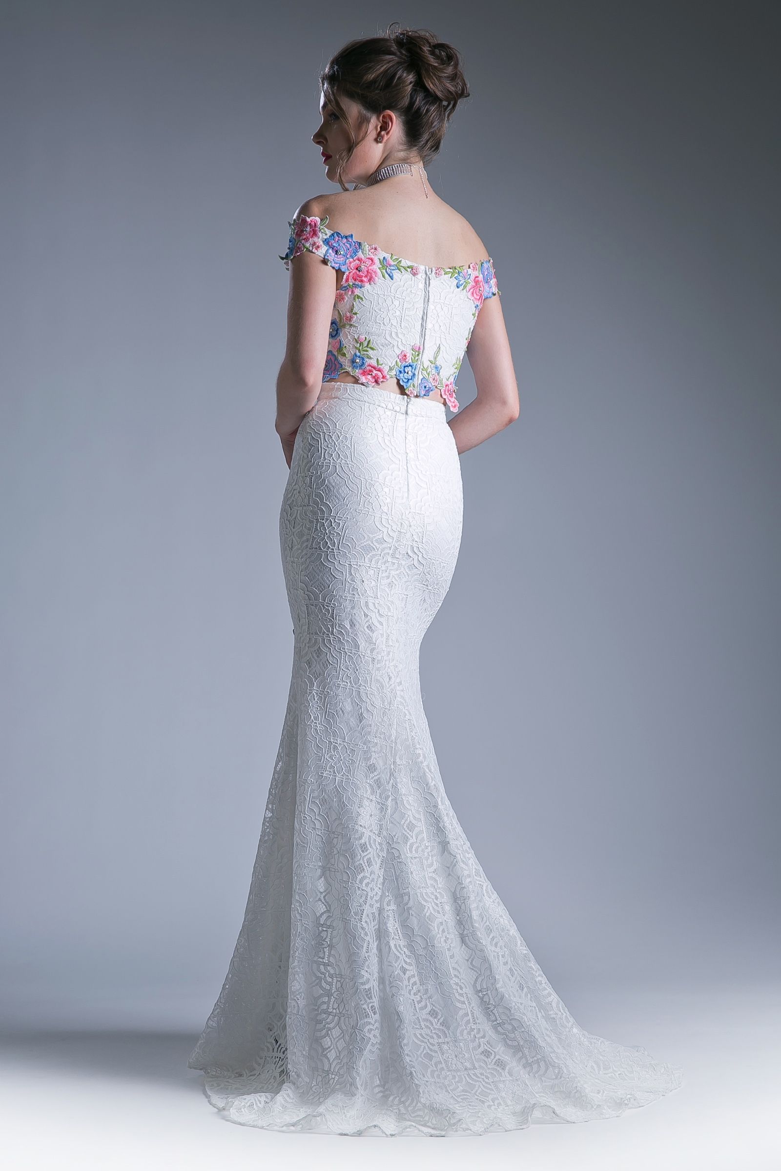 Two piece off the shoulder fitted dress with embroidered floral appliques and lace detailed skirt.