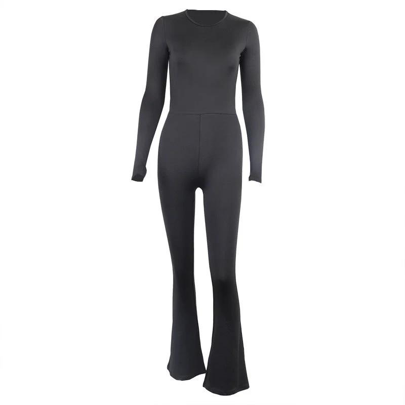 Round Neck Long Sleeve Back Pull Up Jumpsuit