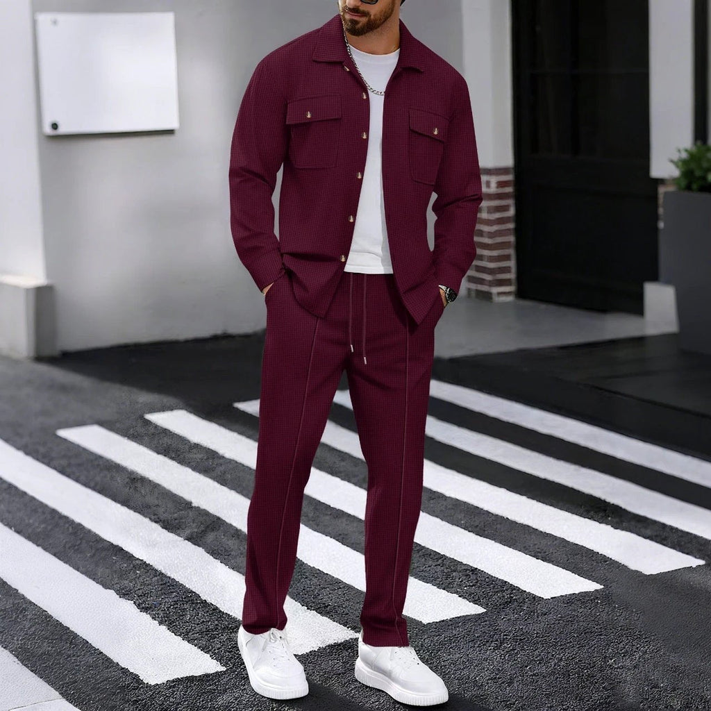 Autumn New Waffle Long-sleeved Trousers Two-piece Set Cardigan Shirt Suit