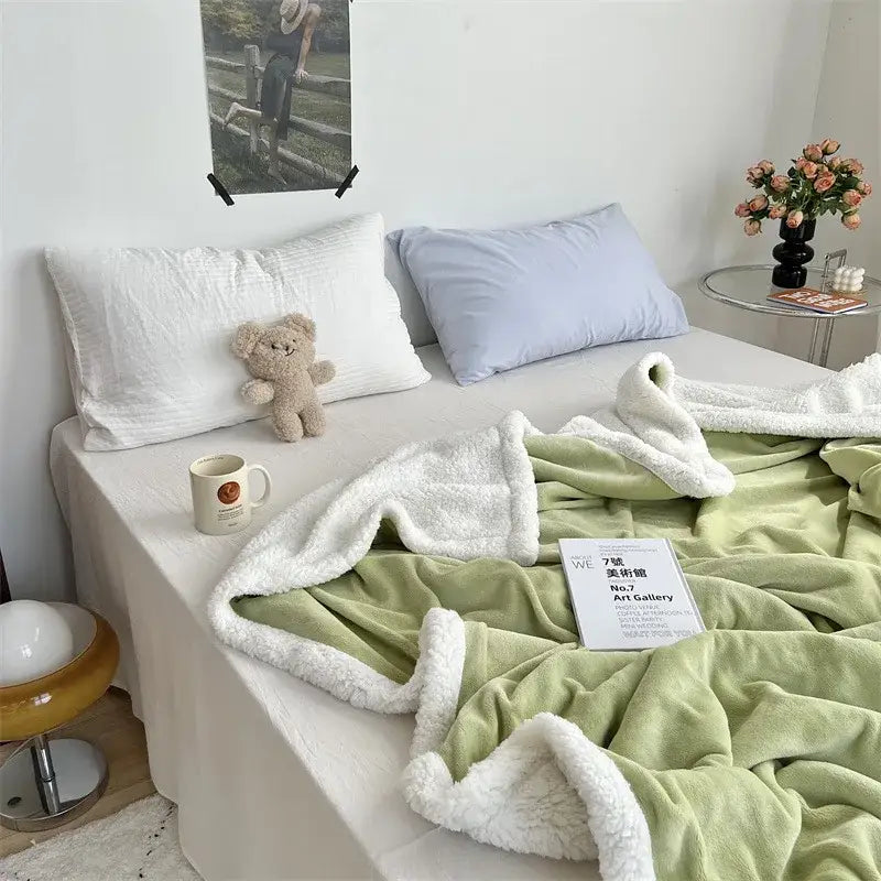 Camellia jacquard lamb wool mint & white cozy blanket bedroom quilt