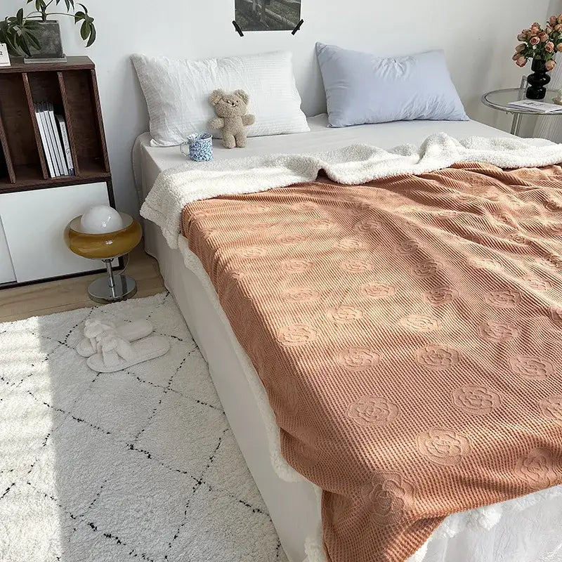 Camellia jacquard lamb wool mint & white cozy blanket bedroom quilt