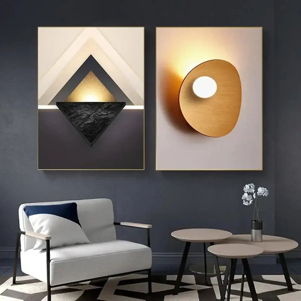 Modern abstract geometric black & gold canvas wall art living room