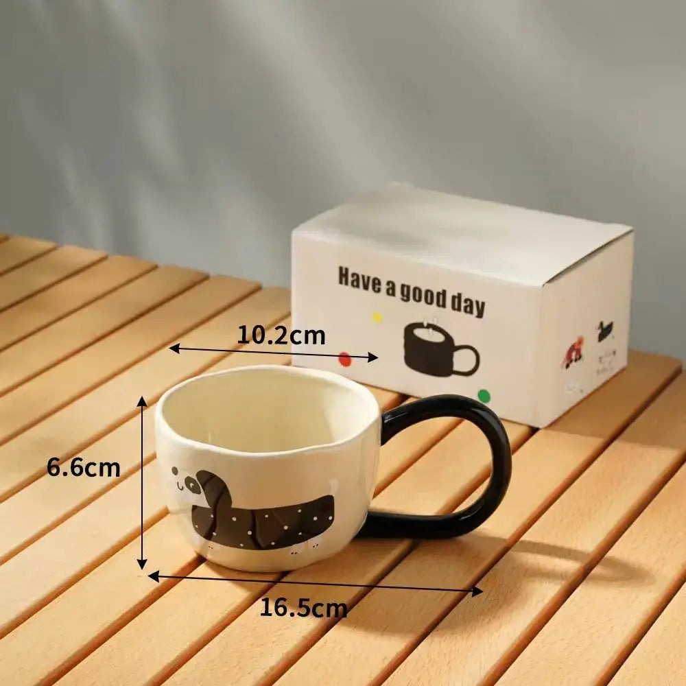 Cartoon big ear cup cream & black ceramic mug kitchen decor
