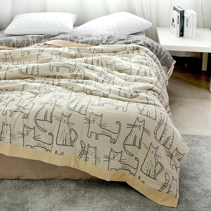 DecorBites™ Cartoon Cat Bamboo Cotton Throw Blanket - Lightweight 4-Layer Knit Woven Blanket