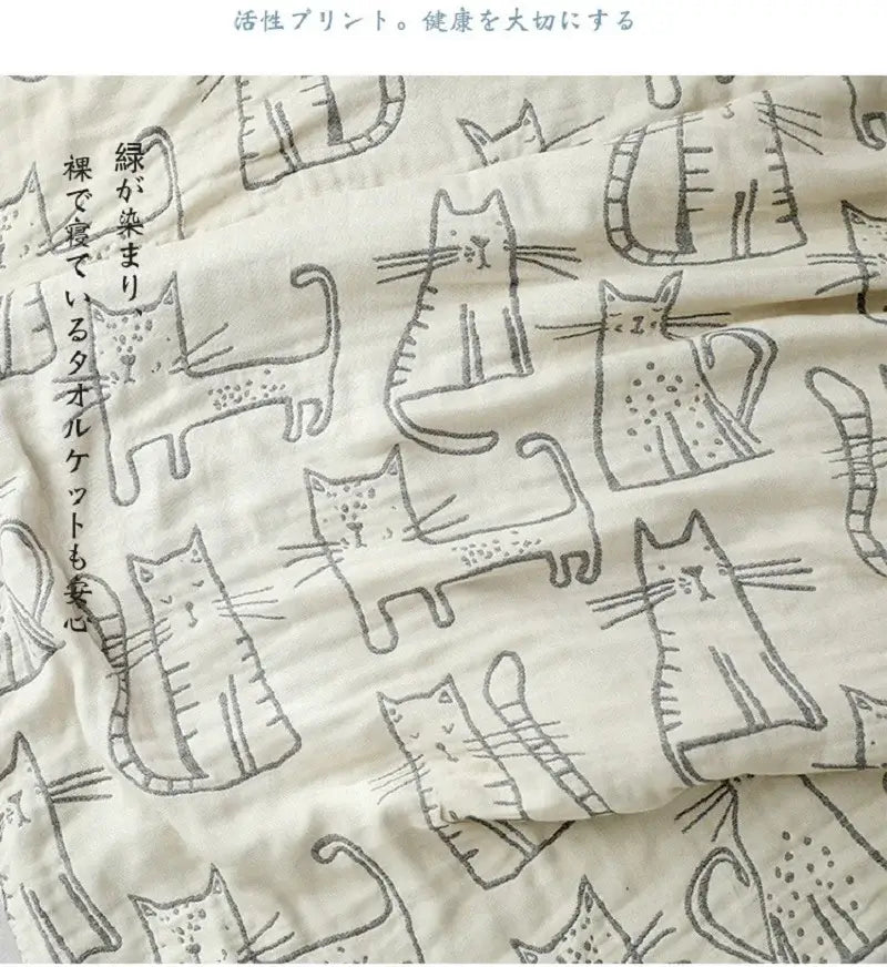 DecorBites™ Cartoon Cat Bamboo Cotton Throw Blanket - Lightweight 4-Layer Knit Woven Blanket