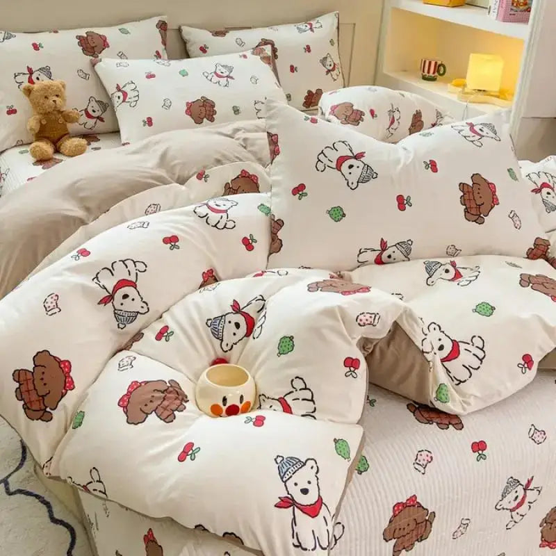 DecorBites™ Cartoon Cat Floral Duvet Cover Set - Pink Kids Girls Bedroom Decor