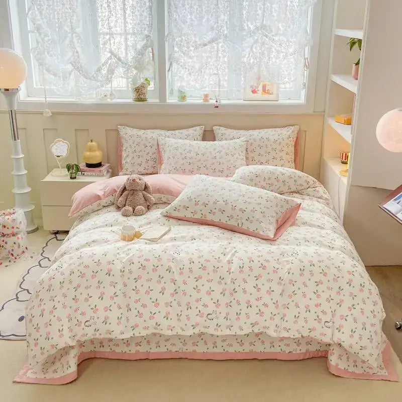 DecorBites™ Cartoon Cat Floral Duvet Cover Set - Pink Kids Girls Bedroom Decor