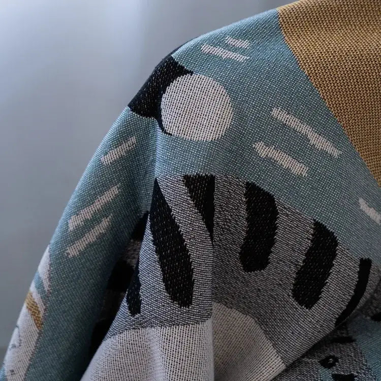 Cartoon cat throw blanket teal & blue bedroom sofa cover