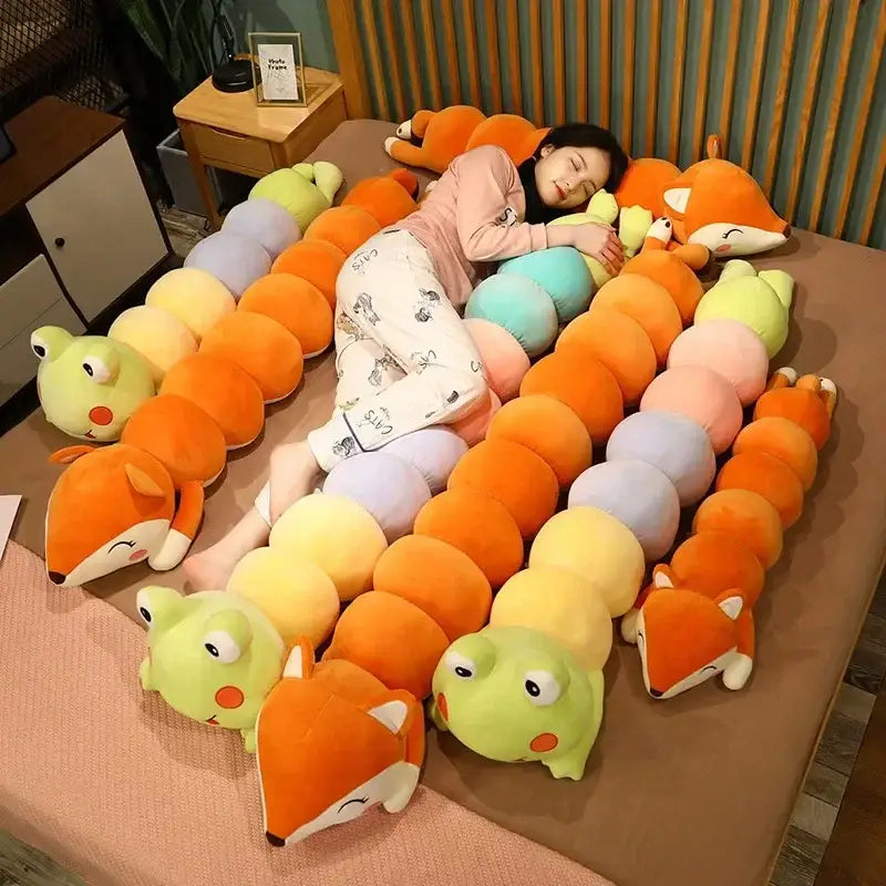 Cartoon caterpillar orange & green long body pillow bedroom plush