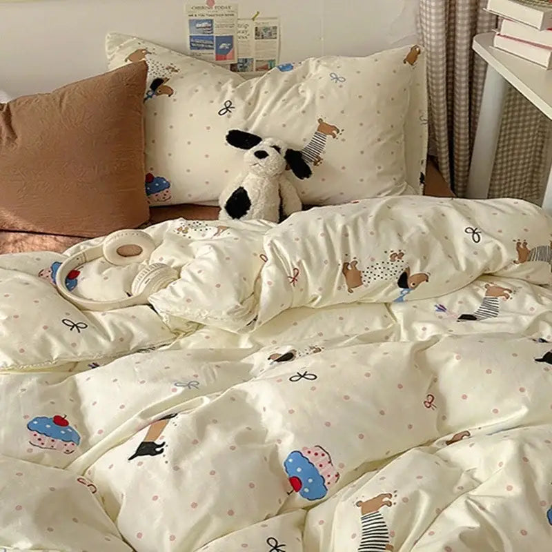 Cartoon dog and cupcake cream cotton fitted sheet set bedroom bedding