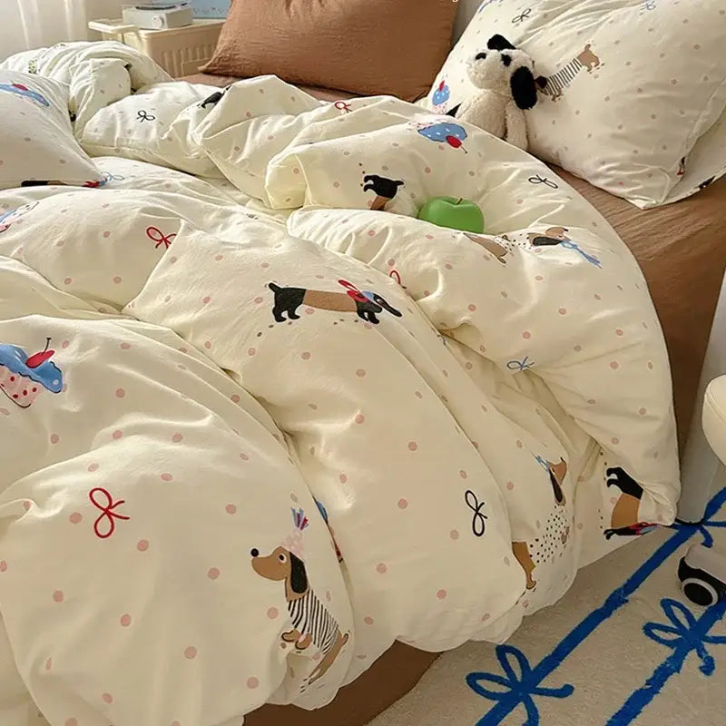 Cartoon dog and cupcake cream cotton fitted sheet set bedroom bedding