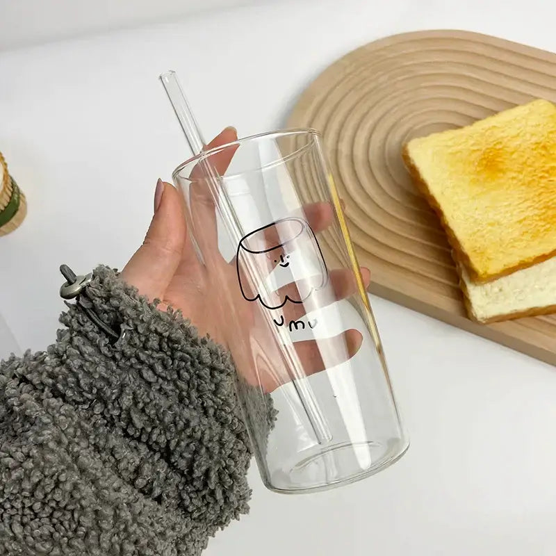 Cartoon glass cup with straw – kitchen marshmallow juice mug