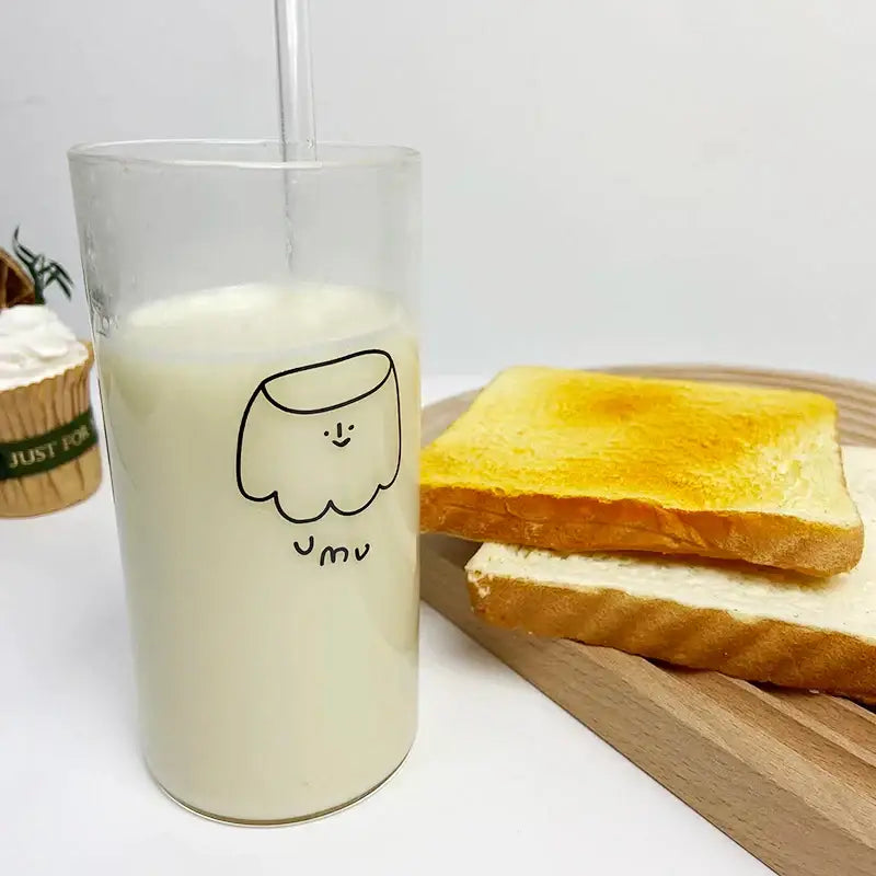 Cartoon glass cup with straw – kitchen marshmallow juice mug