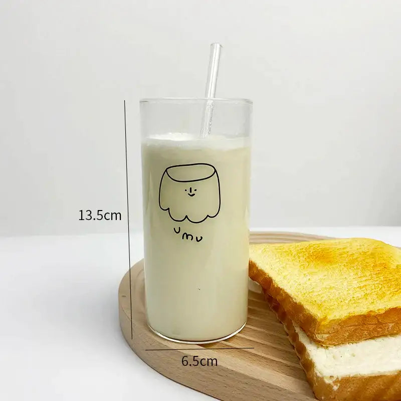 Cartoon glass cup with straw – kitchen marshmallow juice mug