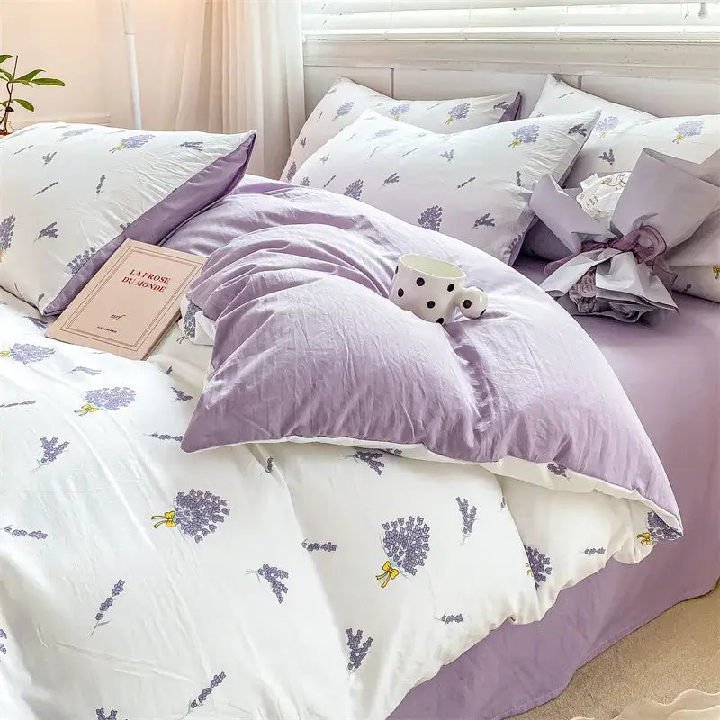 Cartoon heart floral cream and gray duvet set bedroom bedding