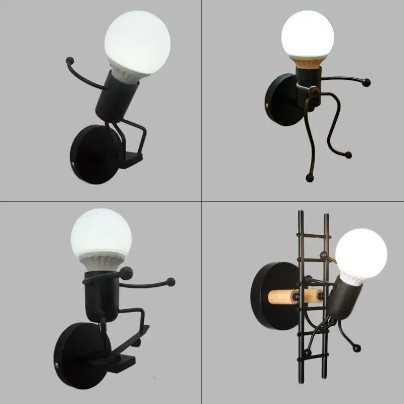 Cartoon matchstick man wall lamp black metal sconce for kids room