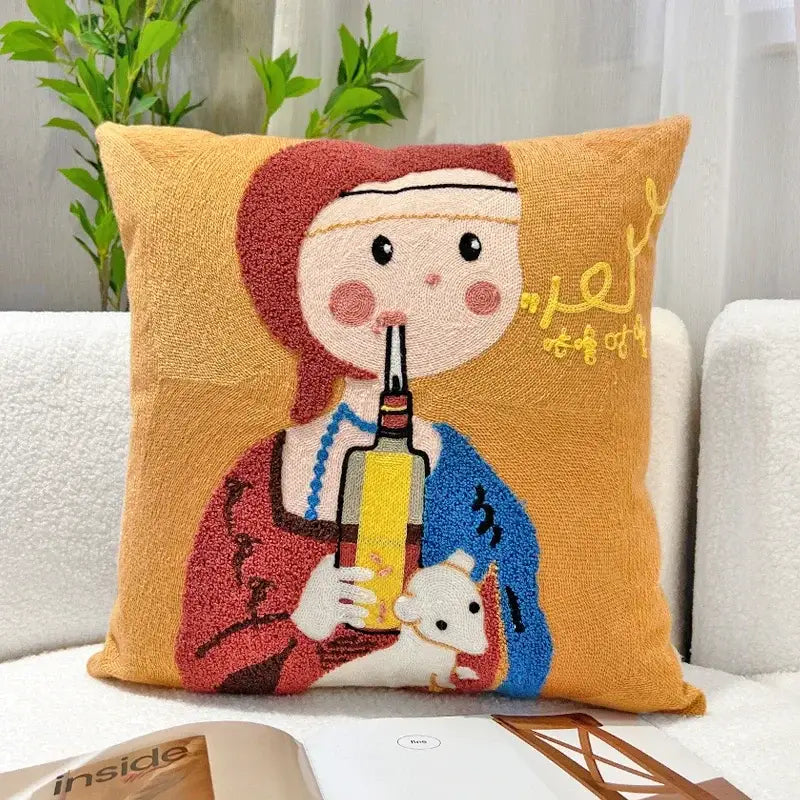 Cartoon oil painting embroidery throw pillow living room decor