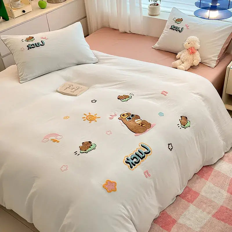 Cartoon pattern embroidered cream bedding sets bedroom decor luck