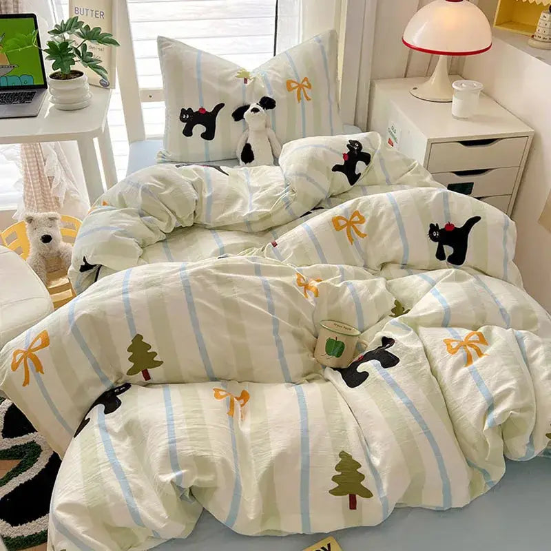 Cartoon printed bedding sets cream & blue bedroom cat duvet set