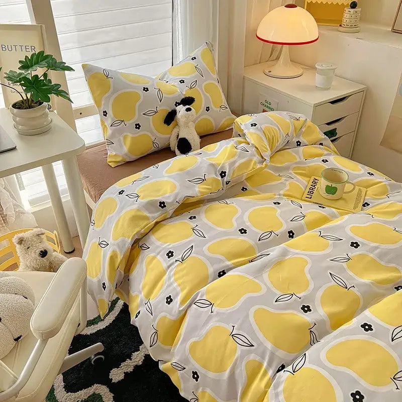Cartoon printed bedding sets cream & blue bedroom cat duvet set