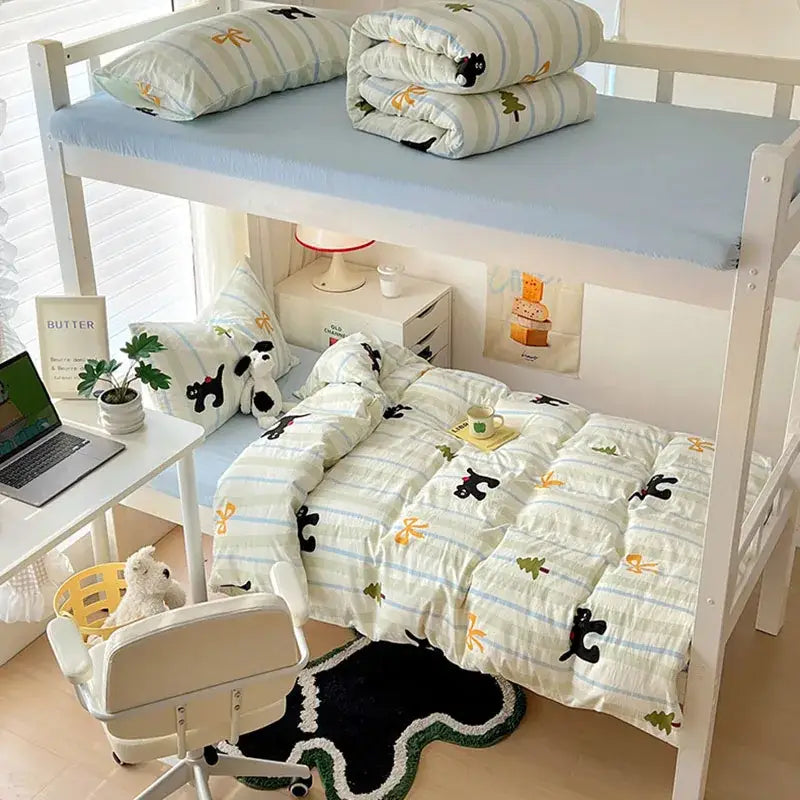 Cartoon printed bedding sets cream & blue bedroom cat duvet set