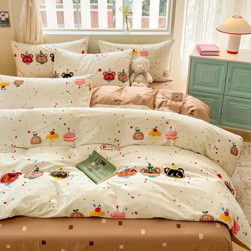 Cartoon printed cotton duvet cover cream bedroom bedding set