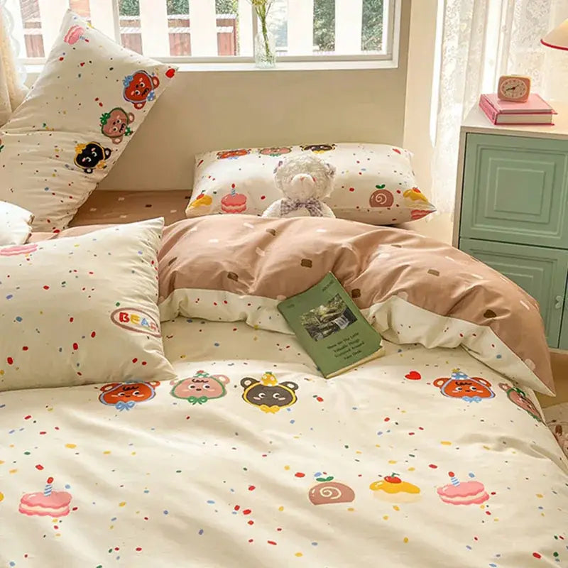 Cartoon printed cotton duvet cover cream bedroom bedding set