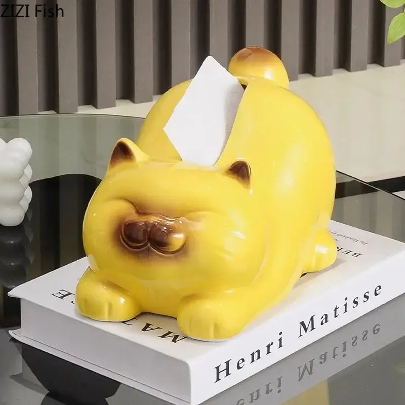 DecorBites™ Cartoon Siamese Kitten Ceramic Tissue Box for Coffee Table and Desk