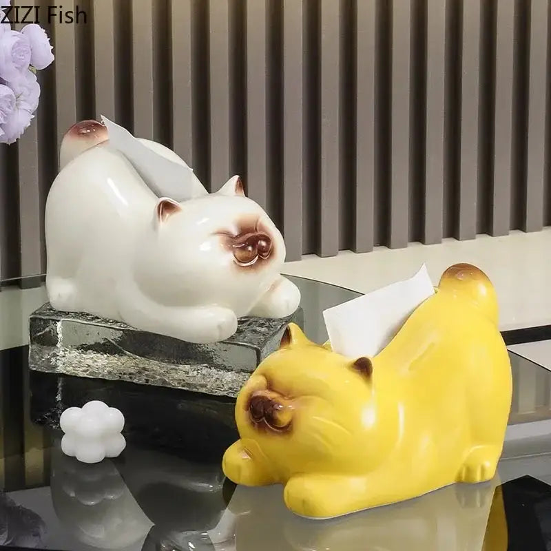 DecorBites™ Cartoon Siamese Kitten Ceramic Tissue Box for Coffee Table and Desk