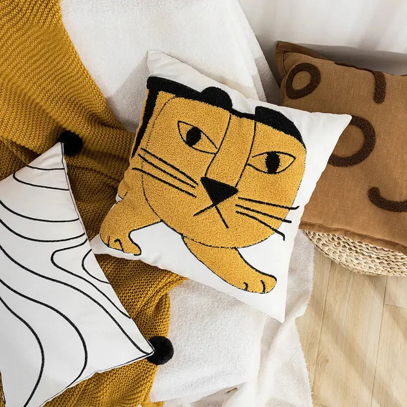 Cartoon tiger embroidered yellow cotton pillow cover bedroom