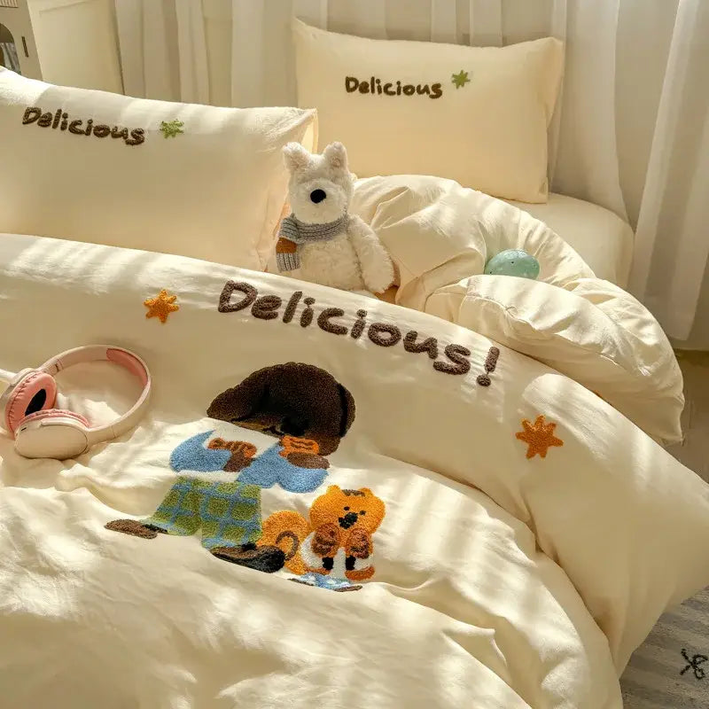 Cartoon towel embroidery light blue bedding set bedroom duvet cover
