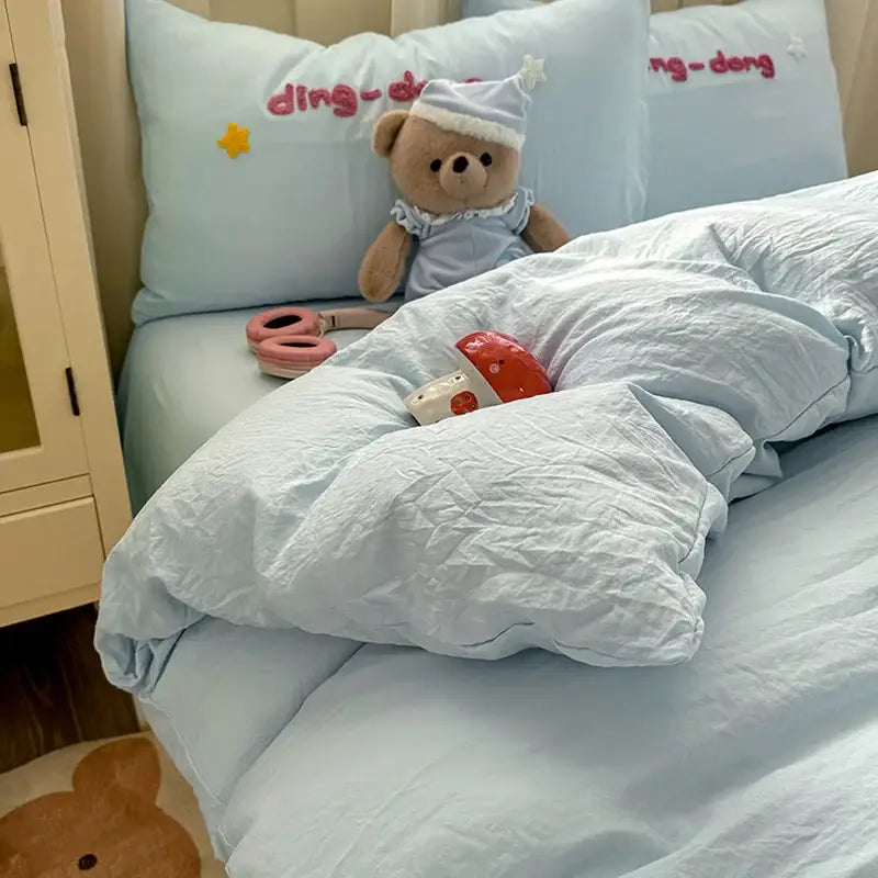Cartoon towel embroidery light blue bedding set bedroom duvet cover