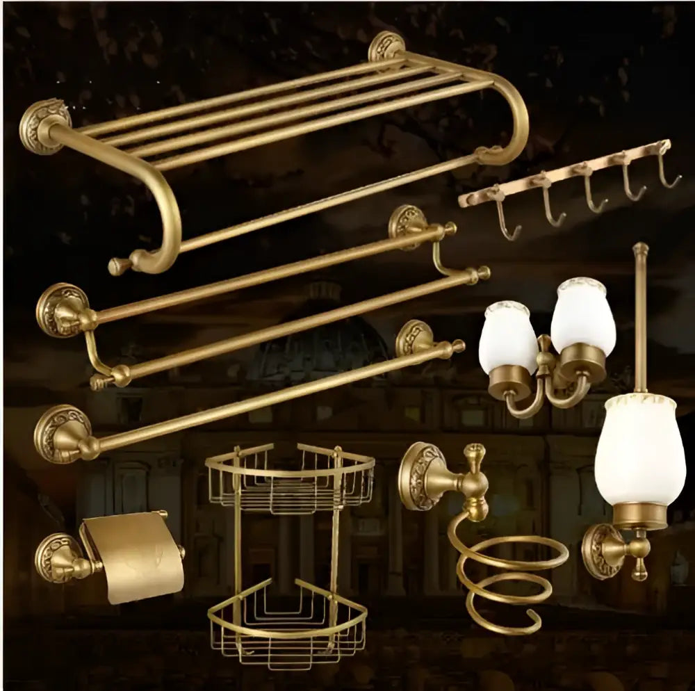 DecorBites™ Carved Antique Bronze Brass Bathroom Accessories Set with Solid Bath Hardware