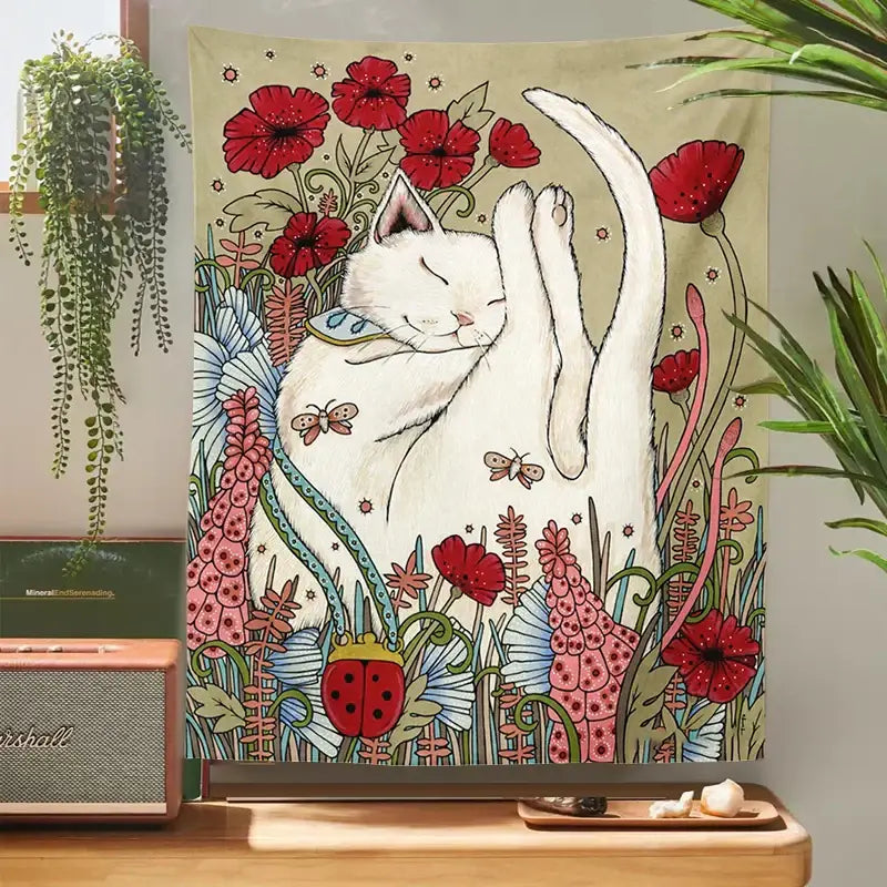 DecorBites™ Cat Botanical Flower Wall Tapestry for Living Room Bedroom Home Decor