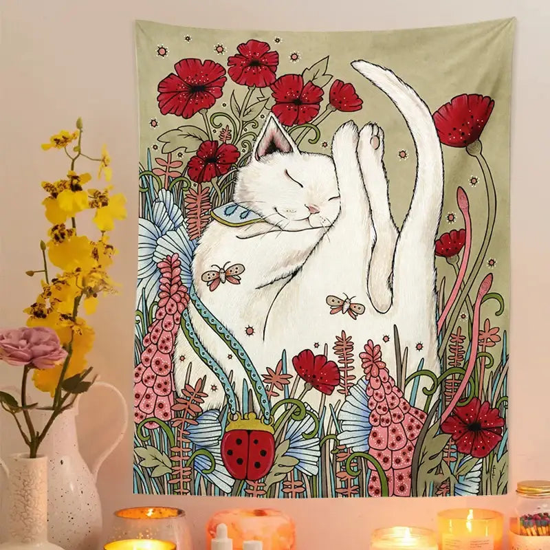 DecorBites™ Cat Botanical Flower Wall Tapestry for Living Room Bedroom Home Decor